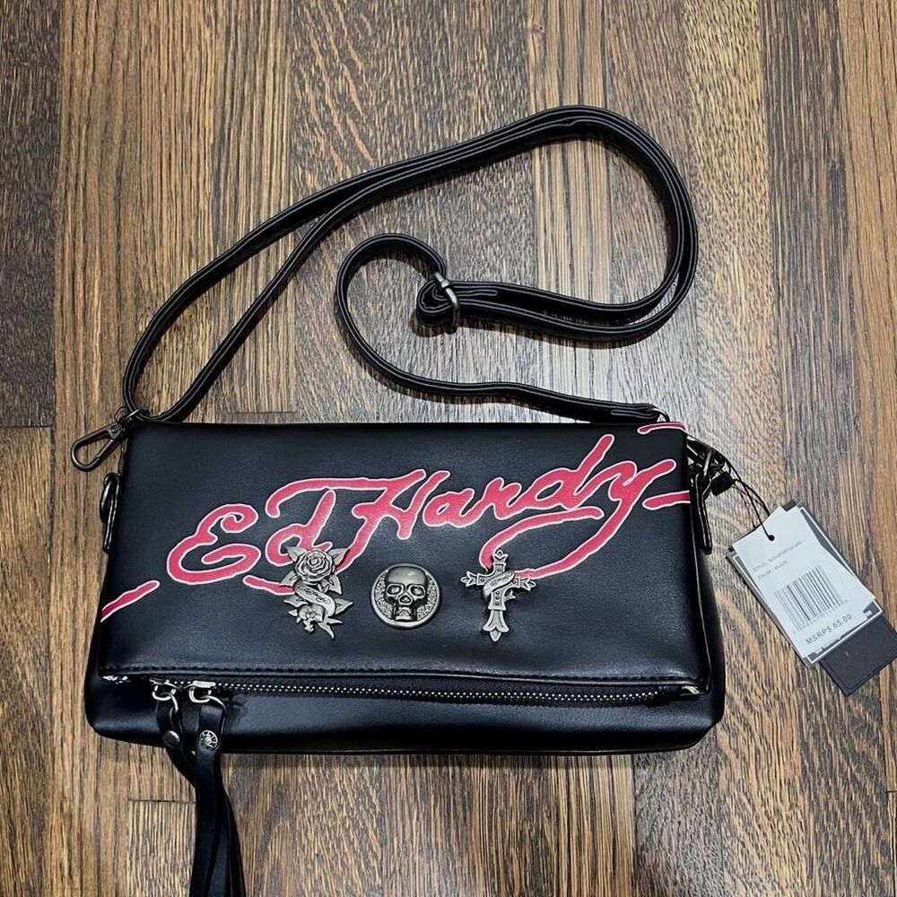 Ed Hardy Charms Purse Shoulder Bag with Adjustable Crossbody Strap Zip & Pouch